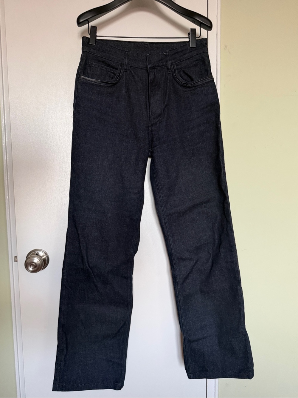 Massimo Dutti Women's Dark Blue Straight-Leg Jeans with Leather Pocket Trims